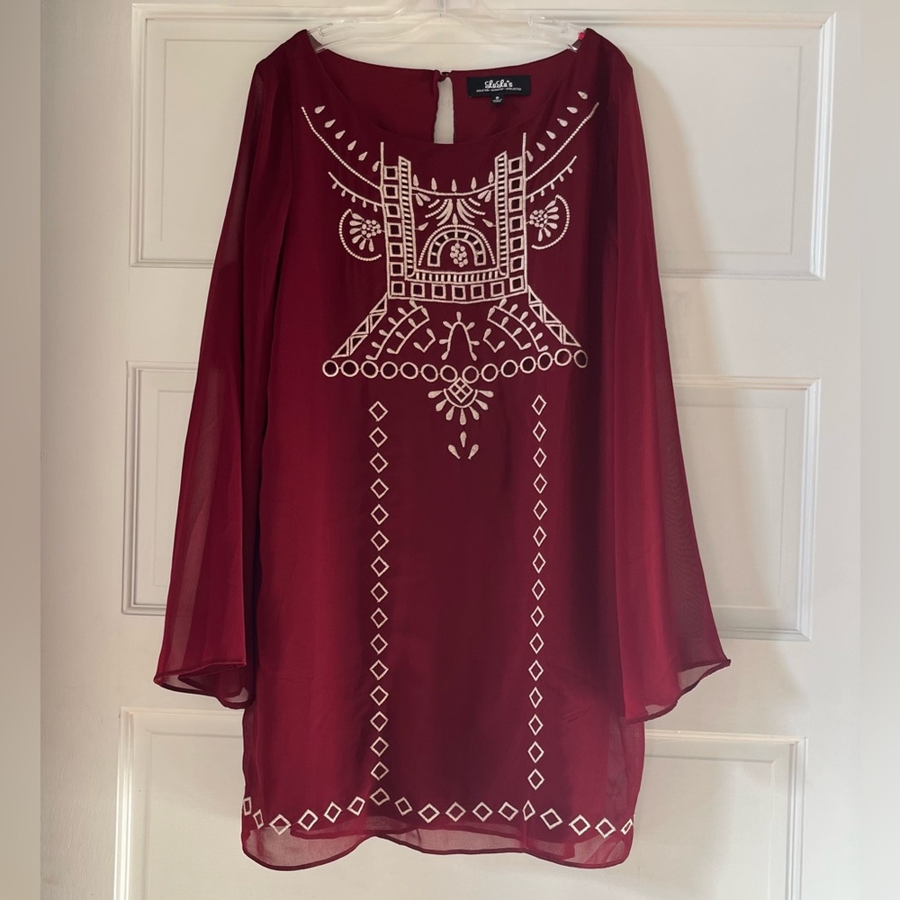 Lulus Well Traveled Wine Red Embroidered Shift Dress - Picture 3 of 8